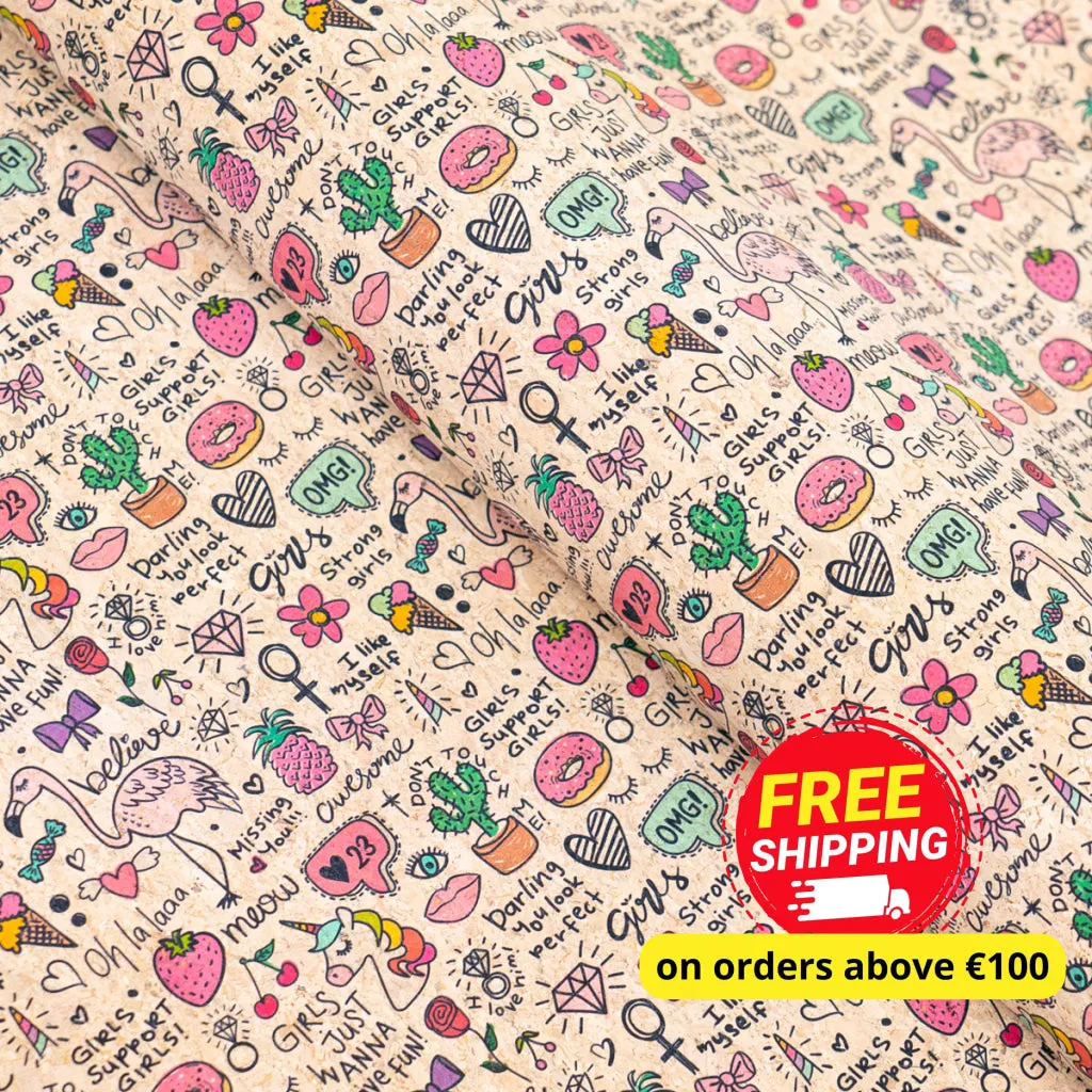 Printed Cork Fabric with Fun Doodles and Girl Power Design COF-556