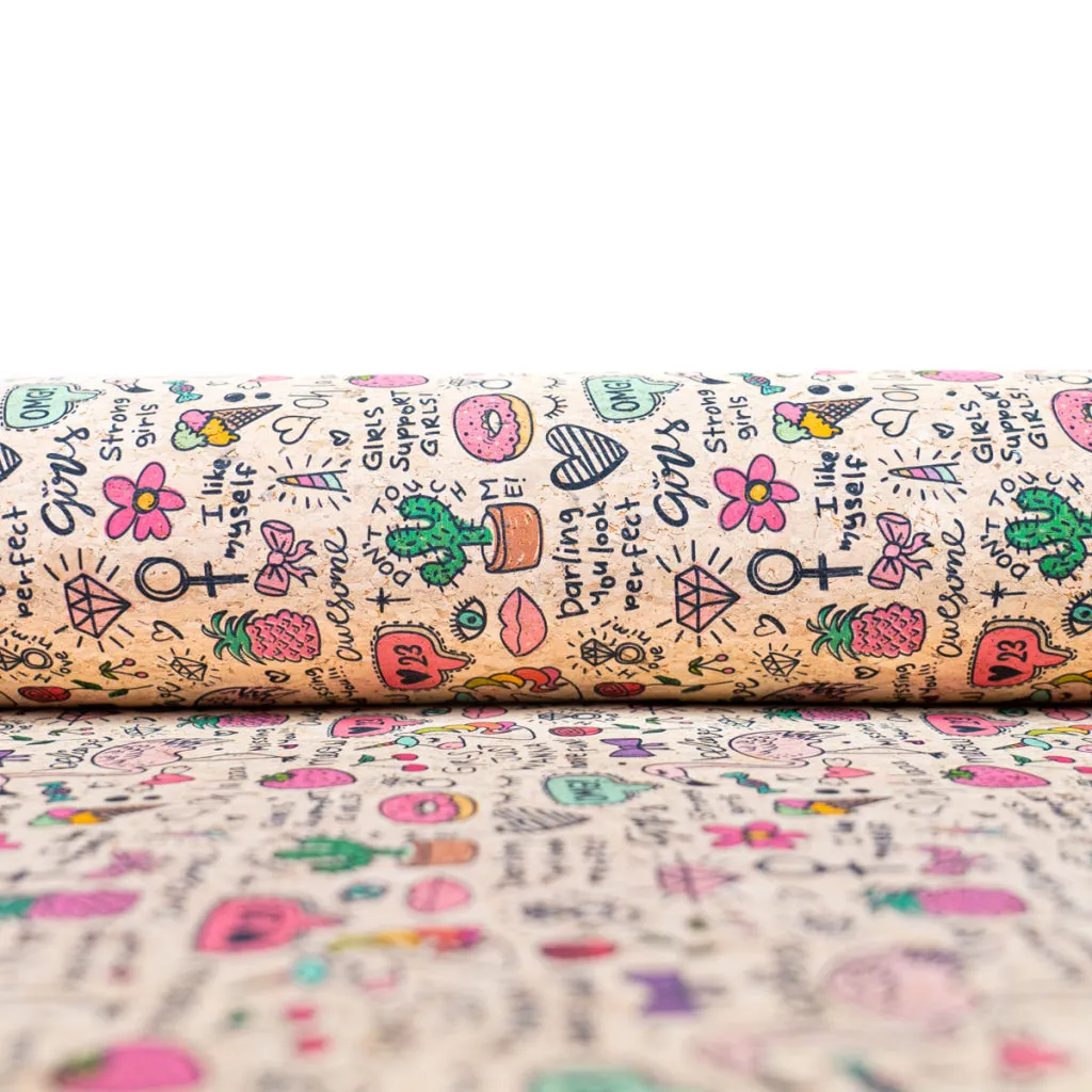 Printed Cork Fabric with Fun Doodles and Girl Power Design COF-556