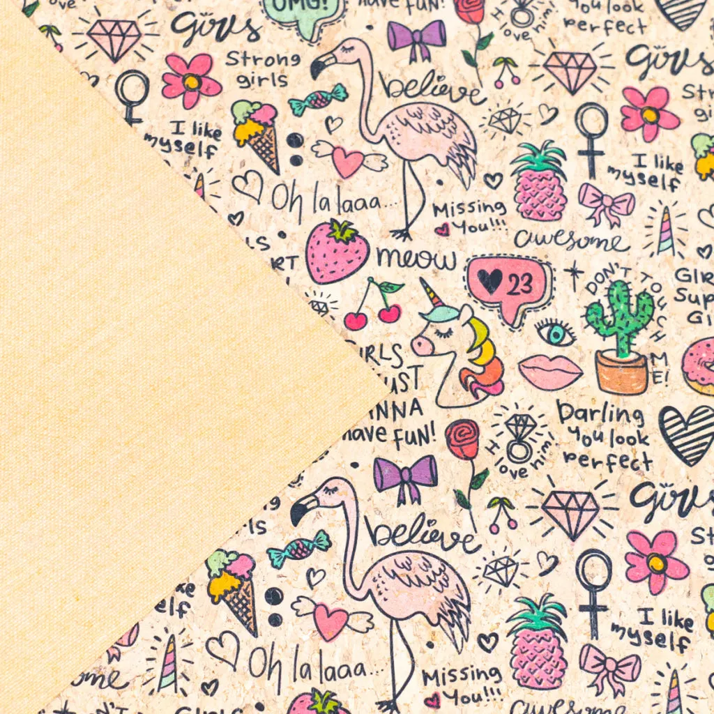 Printed Cork Fabric with Fun Doodles and Girl Power Design COF-556