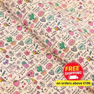 Printed Cork Fabric with Fun Doodles and Girl Power Design COF-556