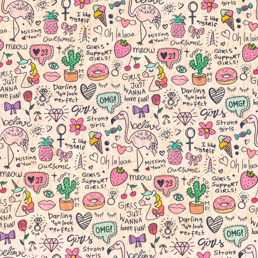 Printed Cork Fabric with Fun Doodles and Girl Power Design COF-556