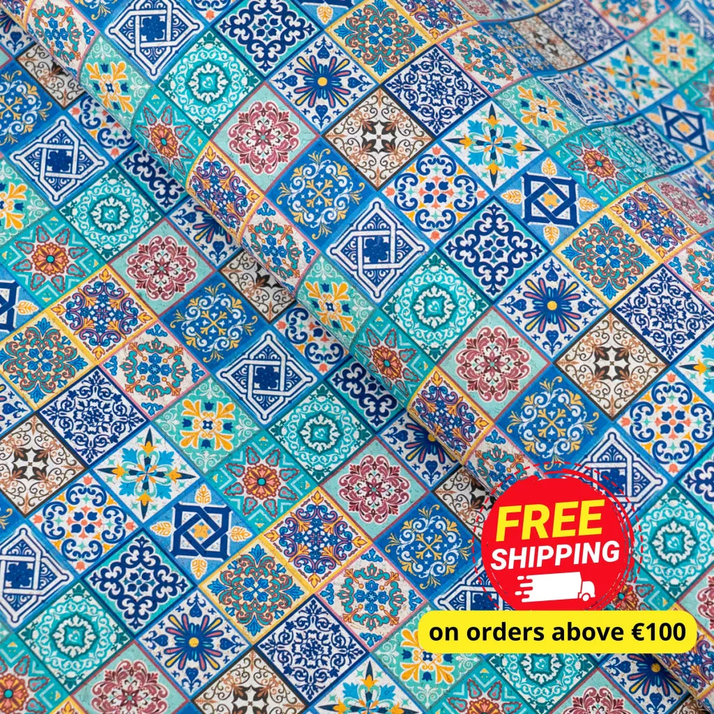 Printed Cork Fabric with Intricate Mosaic Tile Pattern COF-562