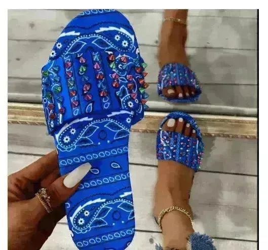 Printed Toe Flat Rivet Casual Slippers
