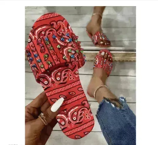 Printed Toe Flat Rivet Casual Slippers