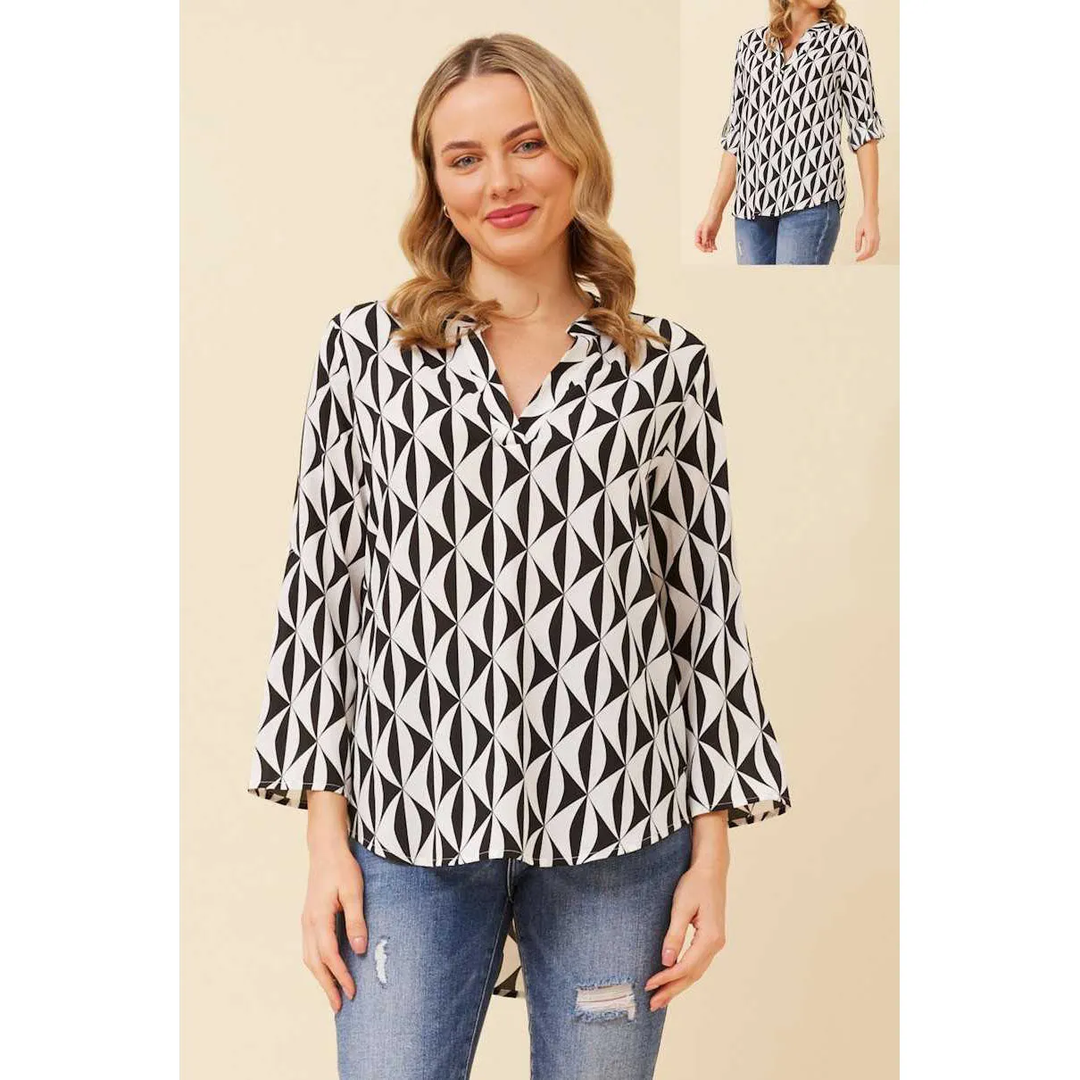 Printed Top With Roll Up Sleeve - Black & White