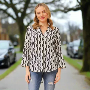 Printed Top With Roll Up Sleeve - Black & White