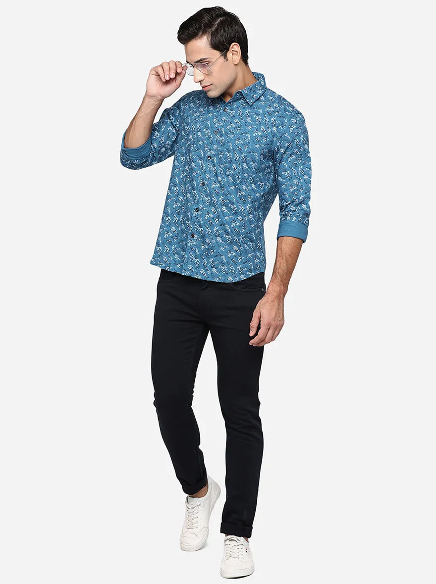Provincial Blue Printed Slim Fit Semi Casual Shirt | Greenfibre