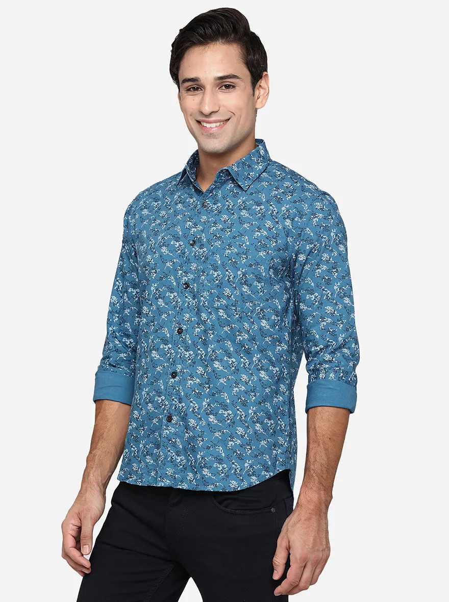 Provincial Blue Printed Slim Fit Semi Casual Shirt | Greenfibre