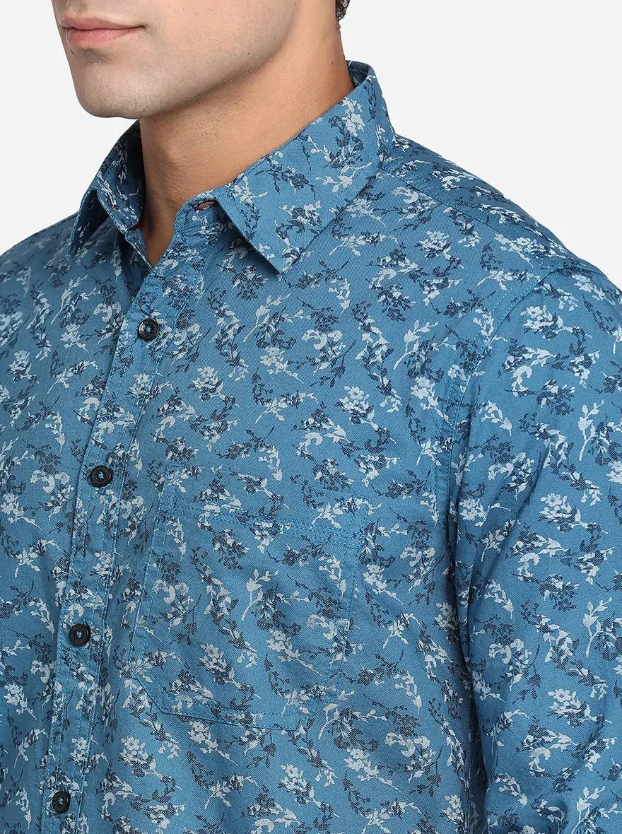 Provincial Blue Printed Slim Fit Semi Casual Shirt | Greenfibre