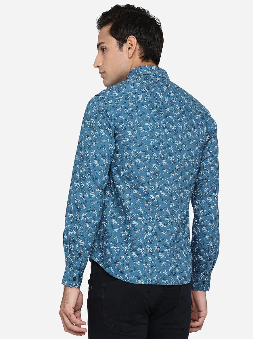 Provincial Blue Printed Slim Fit Semi Casual Shirt | Greenfibre