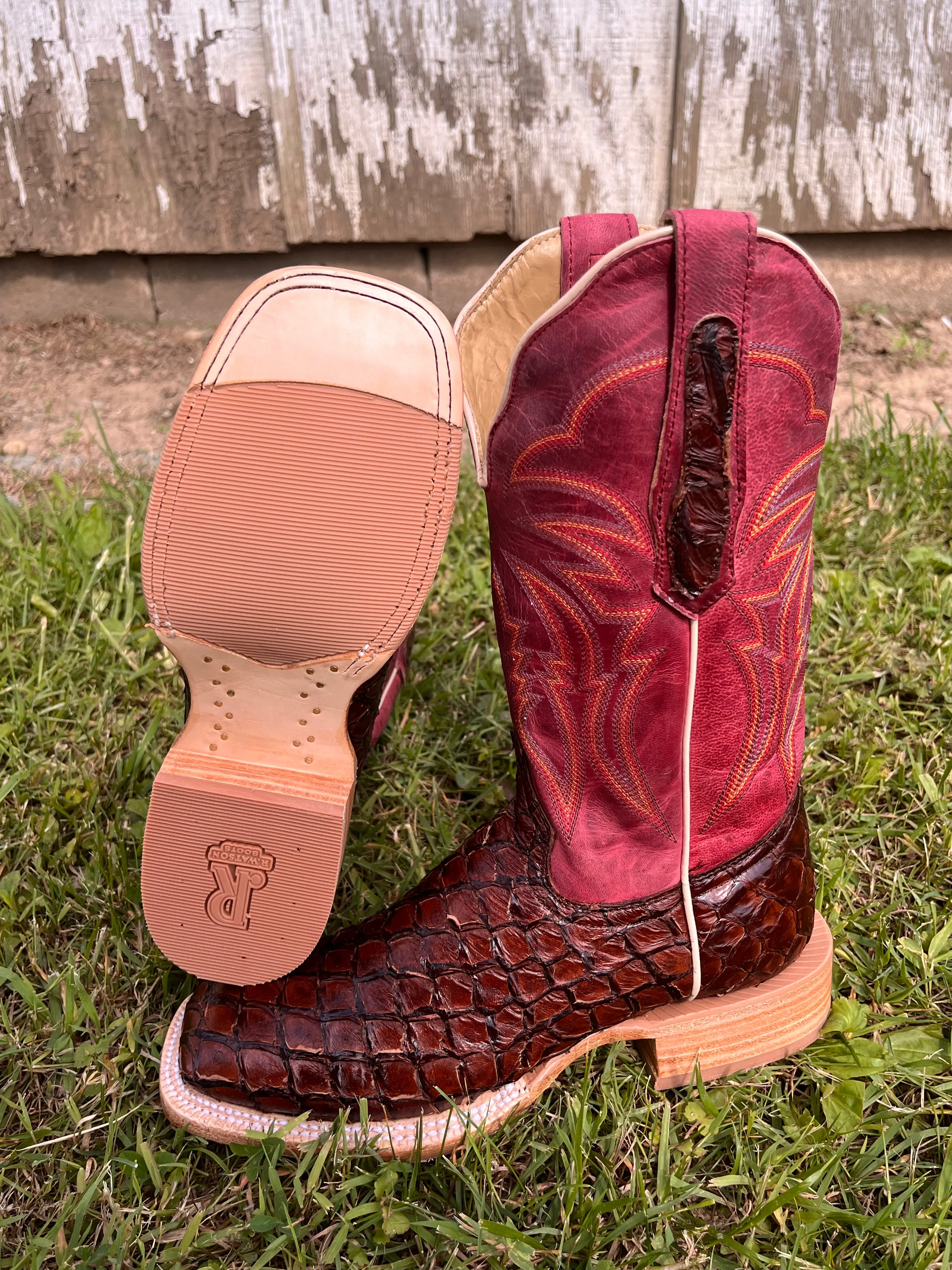 R. Watson Women's Chocolate Pirarucu Square Toe Cowgirl Boots RWL7800-2