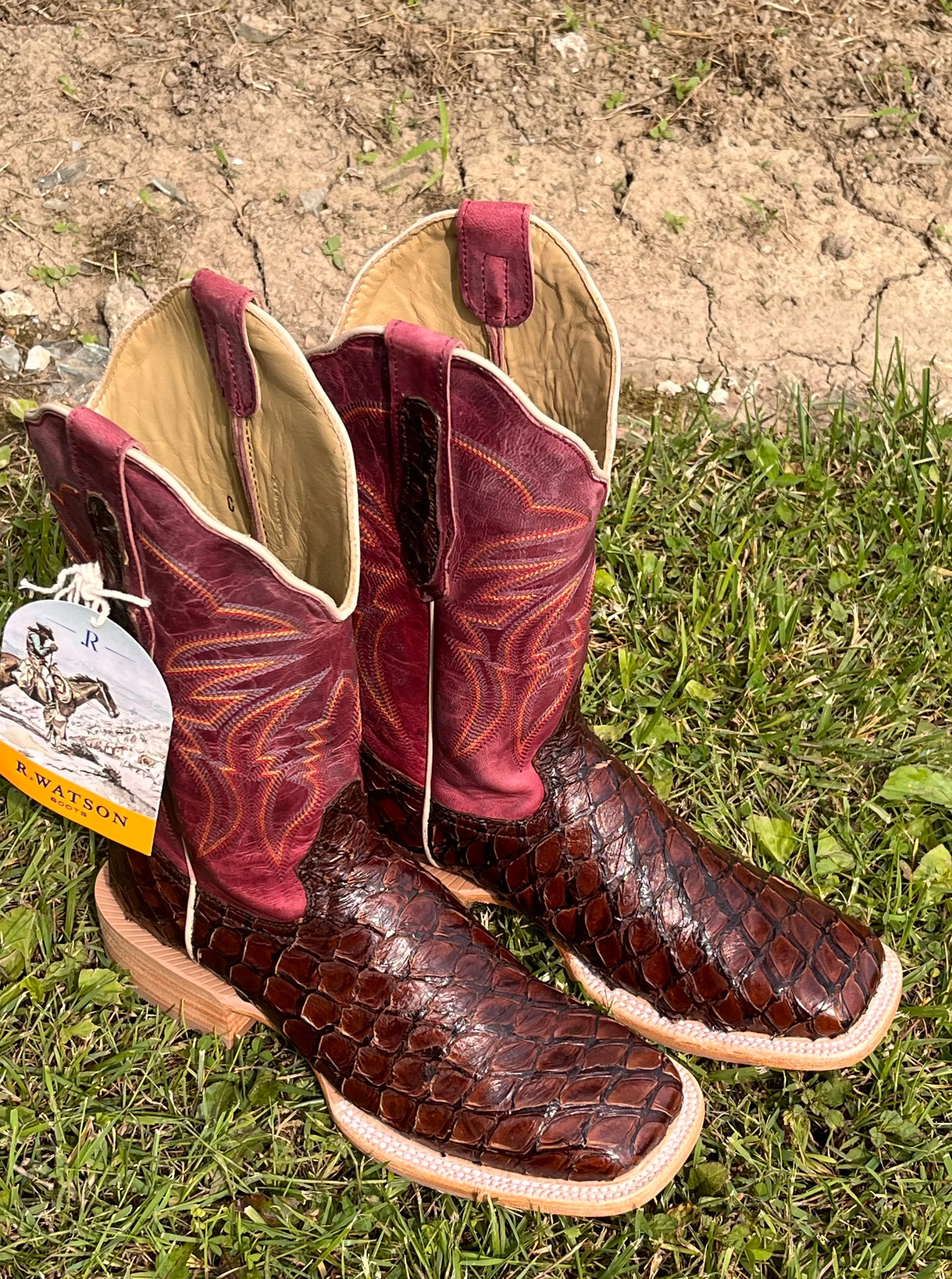 R. Watson Women's Chocolate Pirarucu Square Toe Cowgirl Boots RWL7800-2