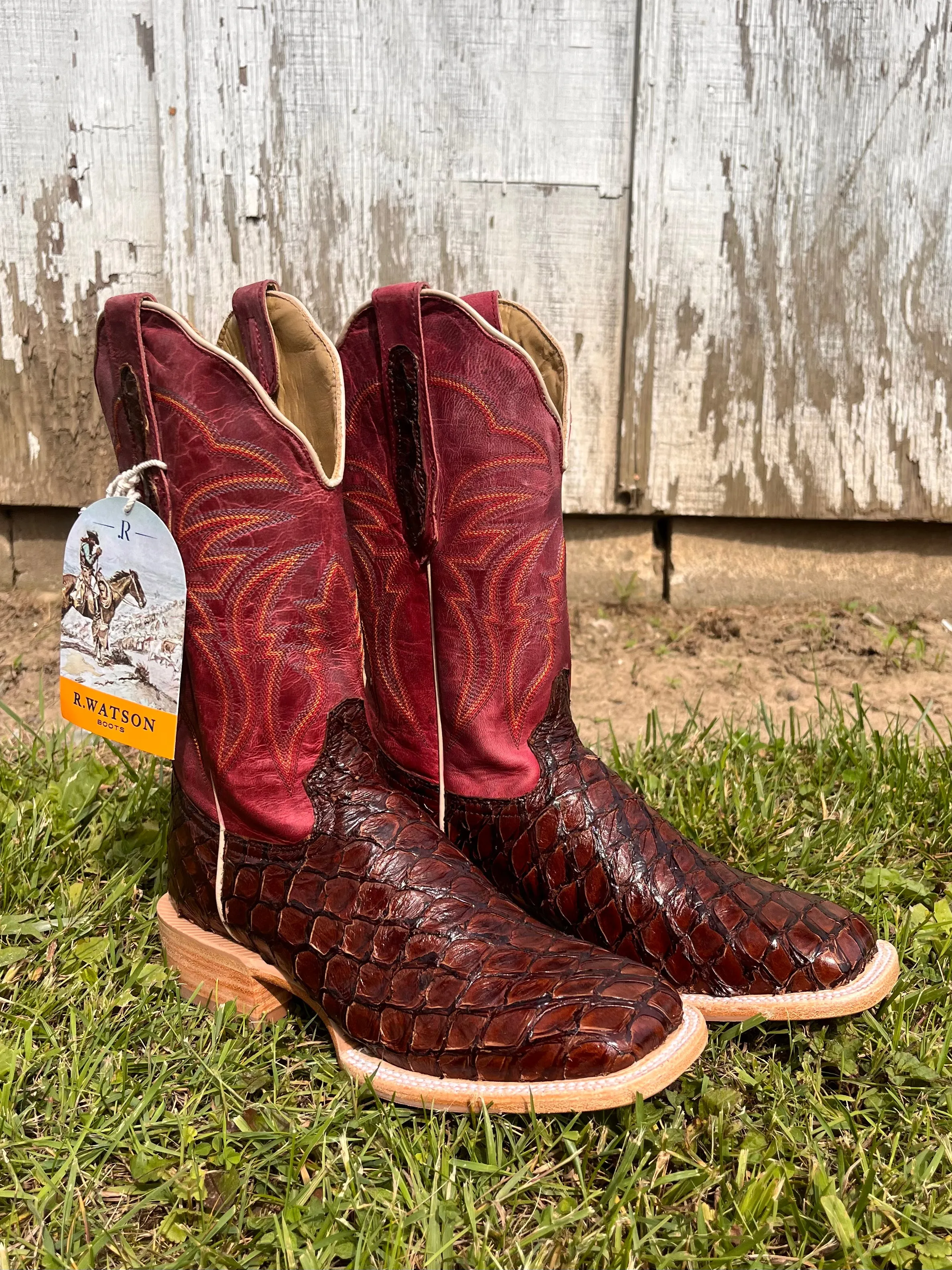 R. Watson Women's Chocolate Pirarucu Square Toe Cowgirl Boots RWL7800-2