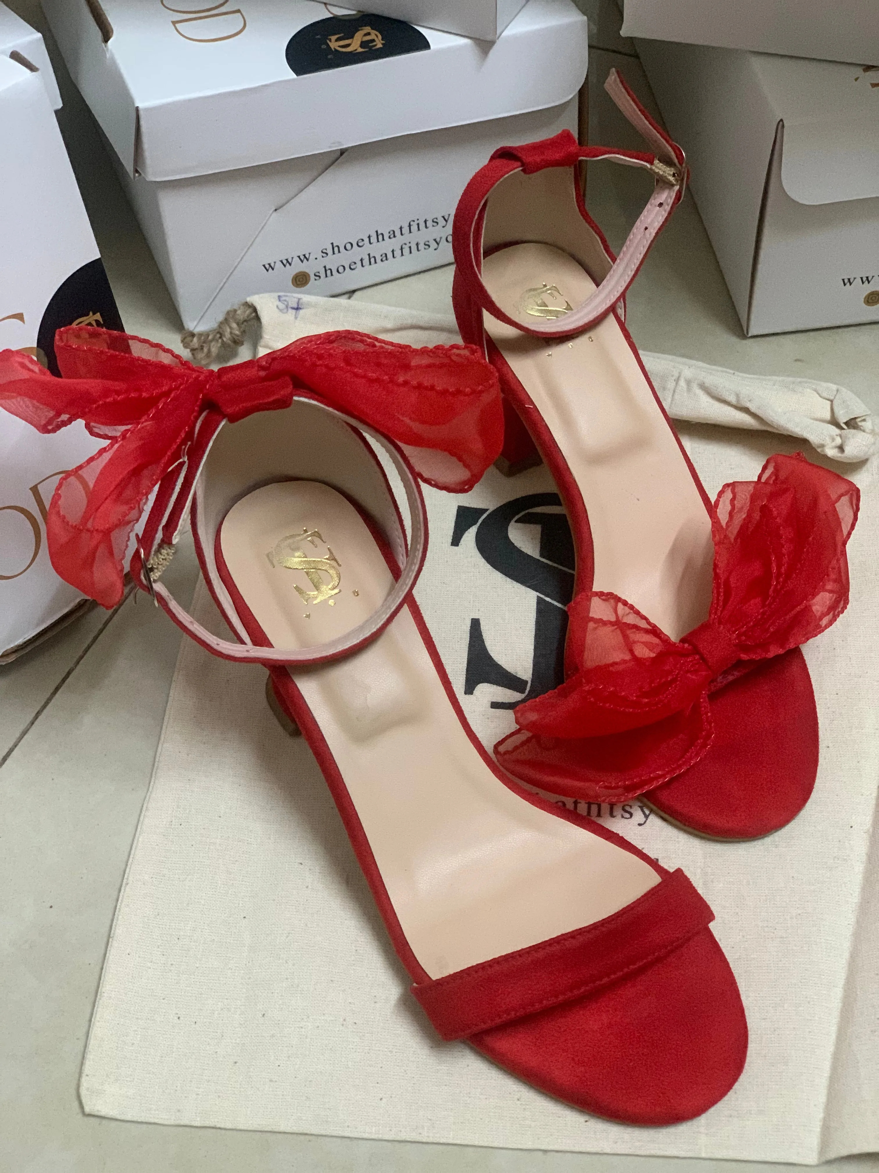 Red Organza Bow Kitten heels