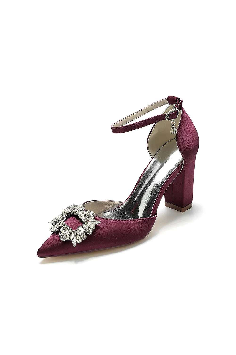 Rhinestone Pointed Toe Ankle Strap Buckle Chunky Heel