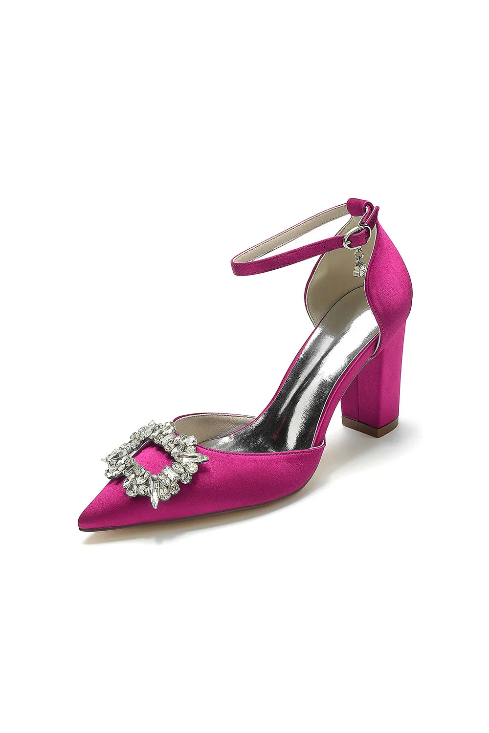 Rhinestone Pointed Toe Ankle Strap Buckle Chunky Heel