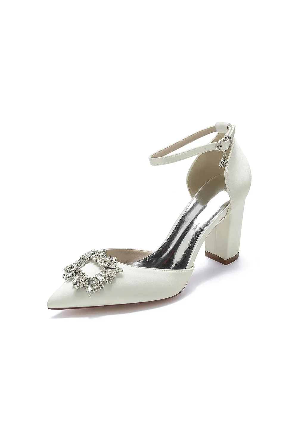 Rhinestone Pointed Toe Ankle Strap Buckle Chunky Heel