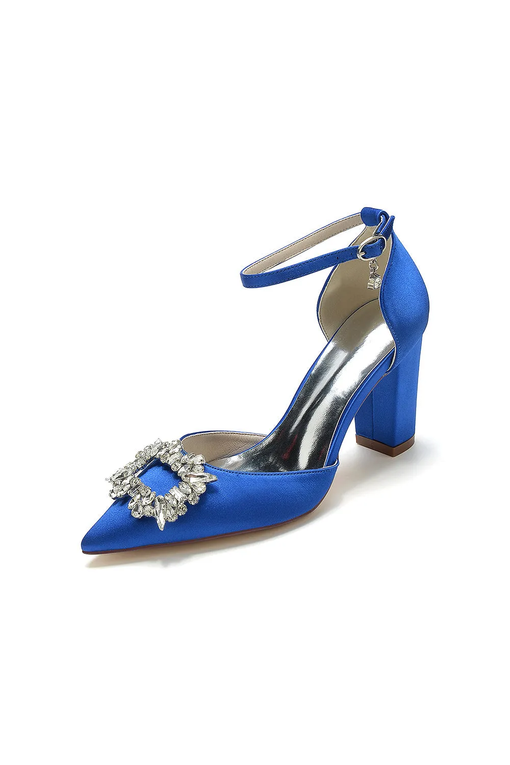 Rhinestone Pointed Toe Ankle Strap Buckle Chunky Heel
