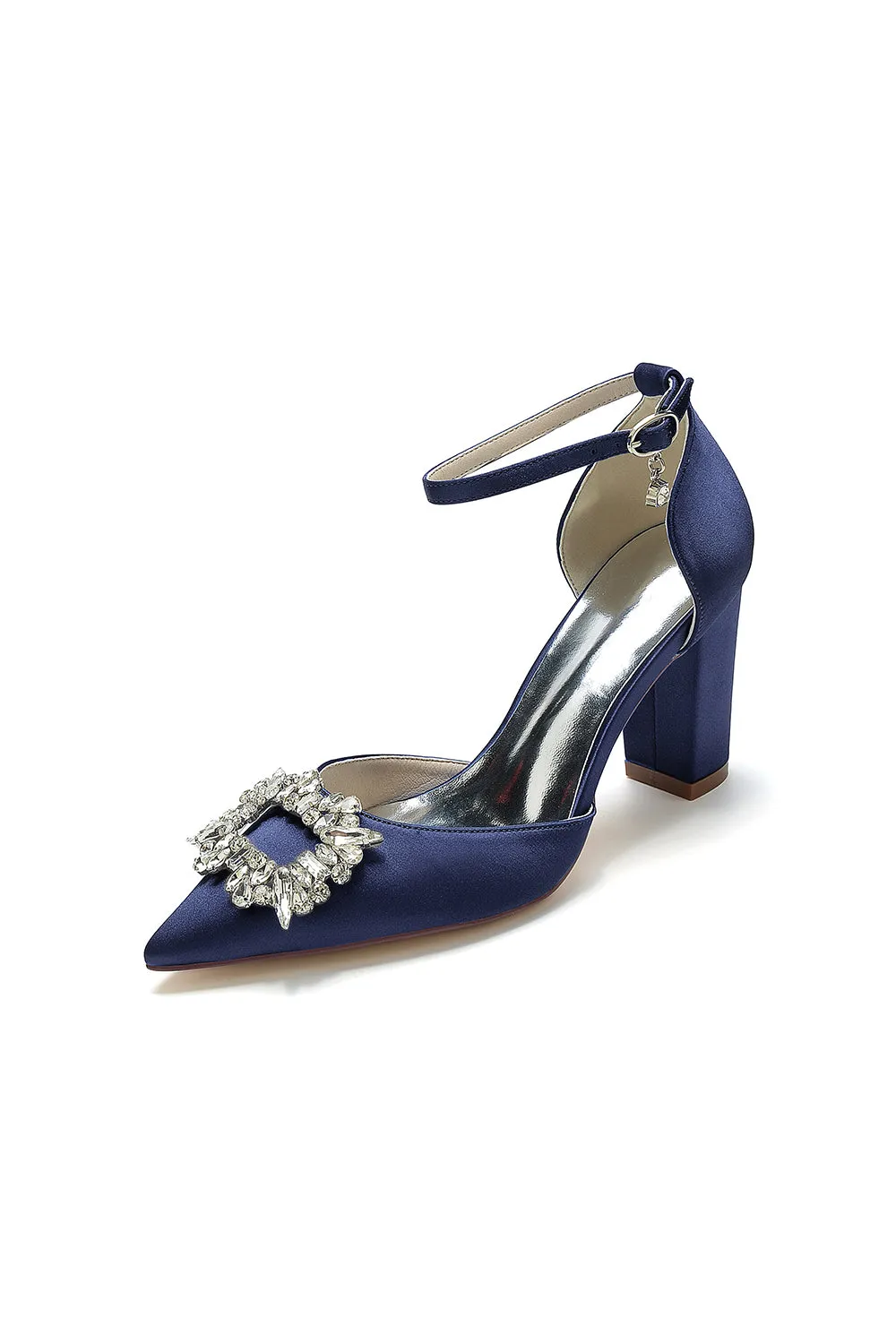 Rhinestone Pointed Toe Ankle Strap Buckle Chunky Heel