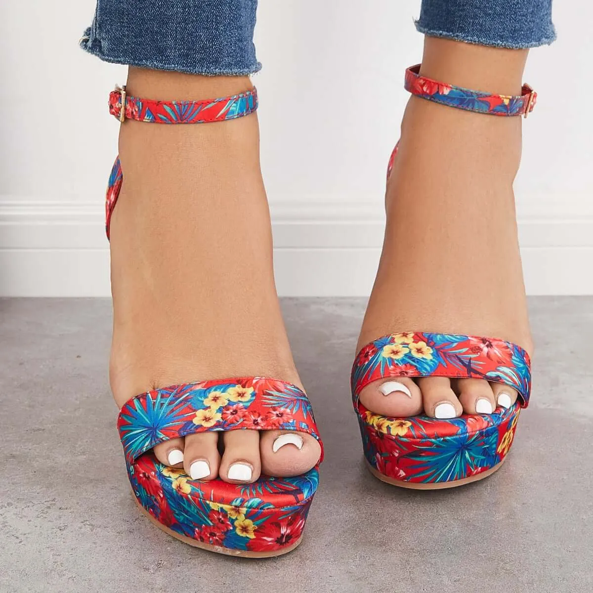 Sohiwoo Women Printed Floral Style Platform Wedges Ankle Strap Sandals