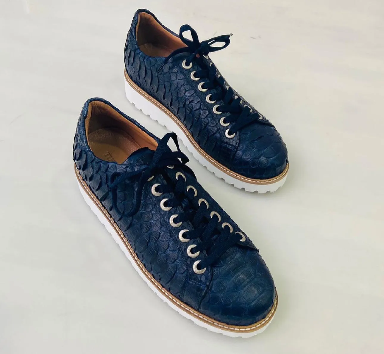Tucci Di Lusso Mens Special Edition Navy Blue Real Python Skin Leather Handmade Luxury Sneakers