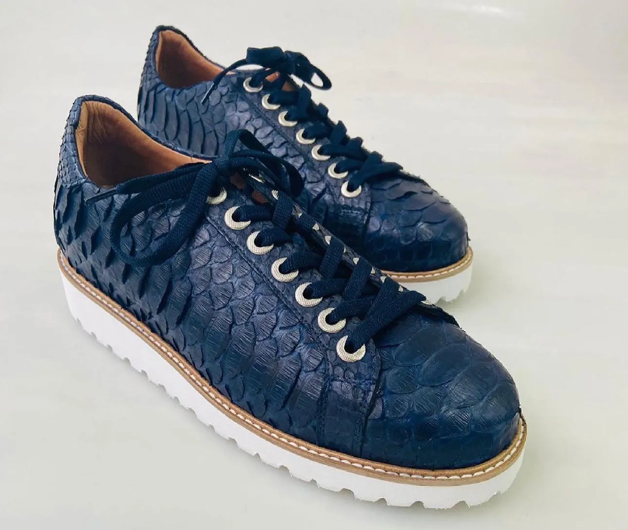 Tucci Di Lusso Mens Special Edition Navy Blue Real Python Skin Leather Handmade Luxury Sneakers