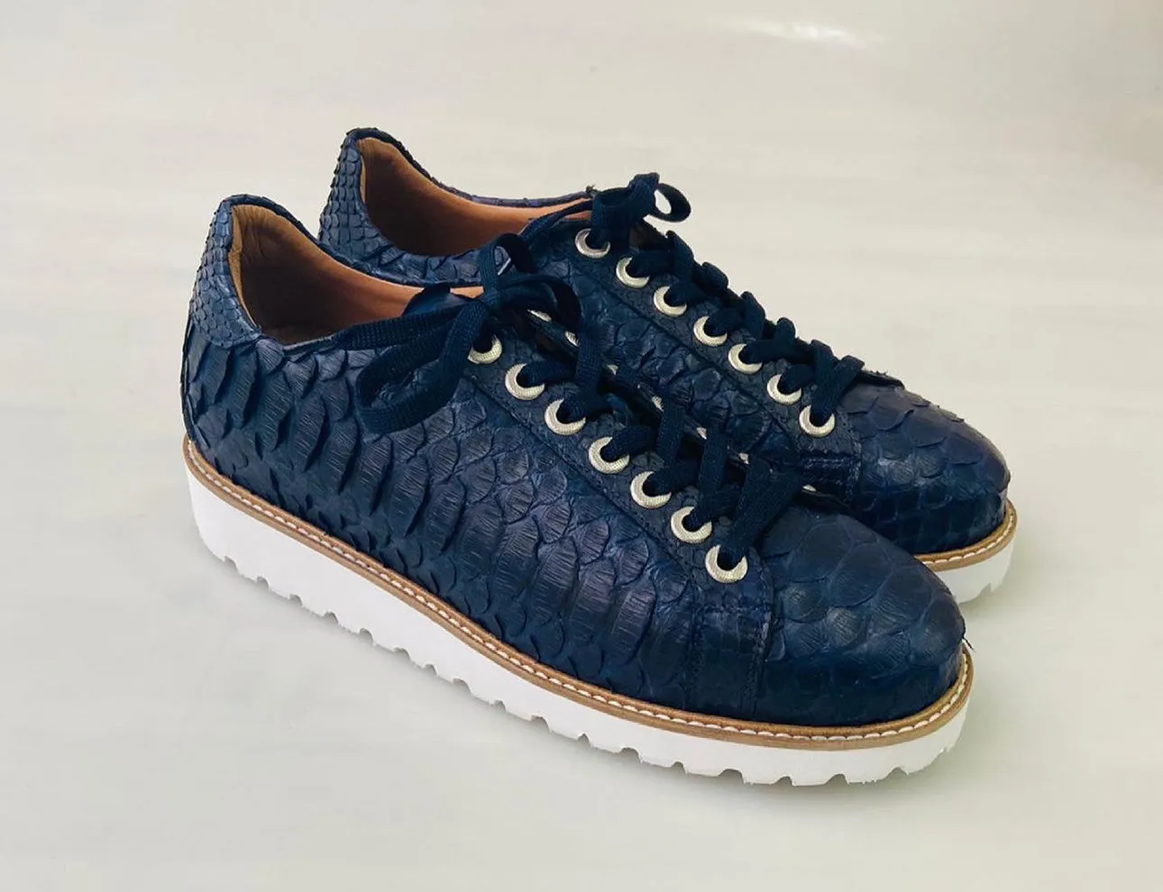 Tucci Di Lusso Mens Special Edition Navy Blue Real Python Skin Leather Handmade Luxury Sneakers