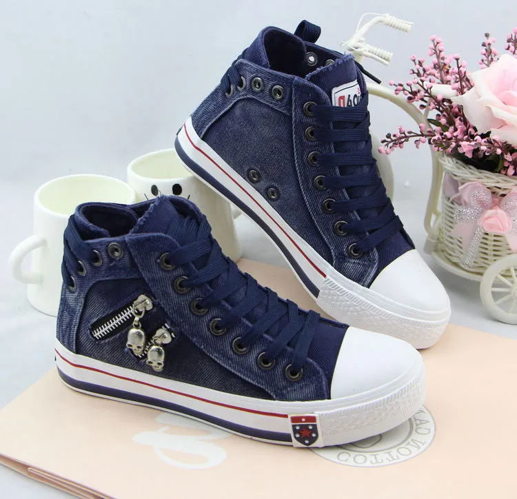 Unique Denim Skull Lace Up High Sneakers Shoes