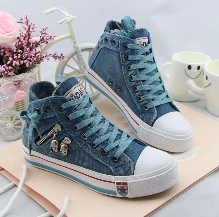 Unique Denim Skull Lace Up High Sneakers Shoes