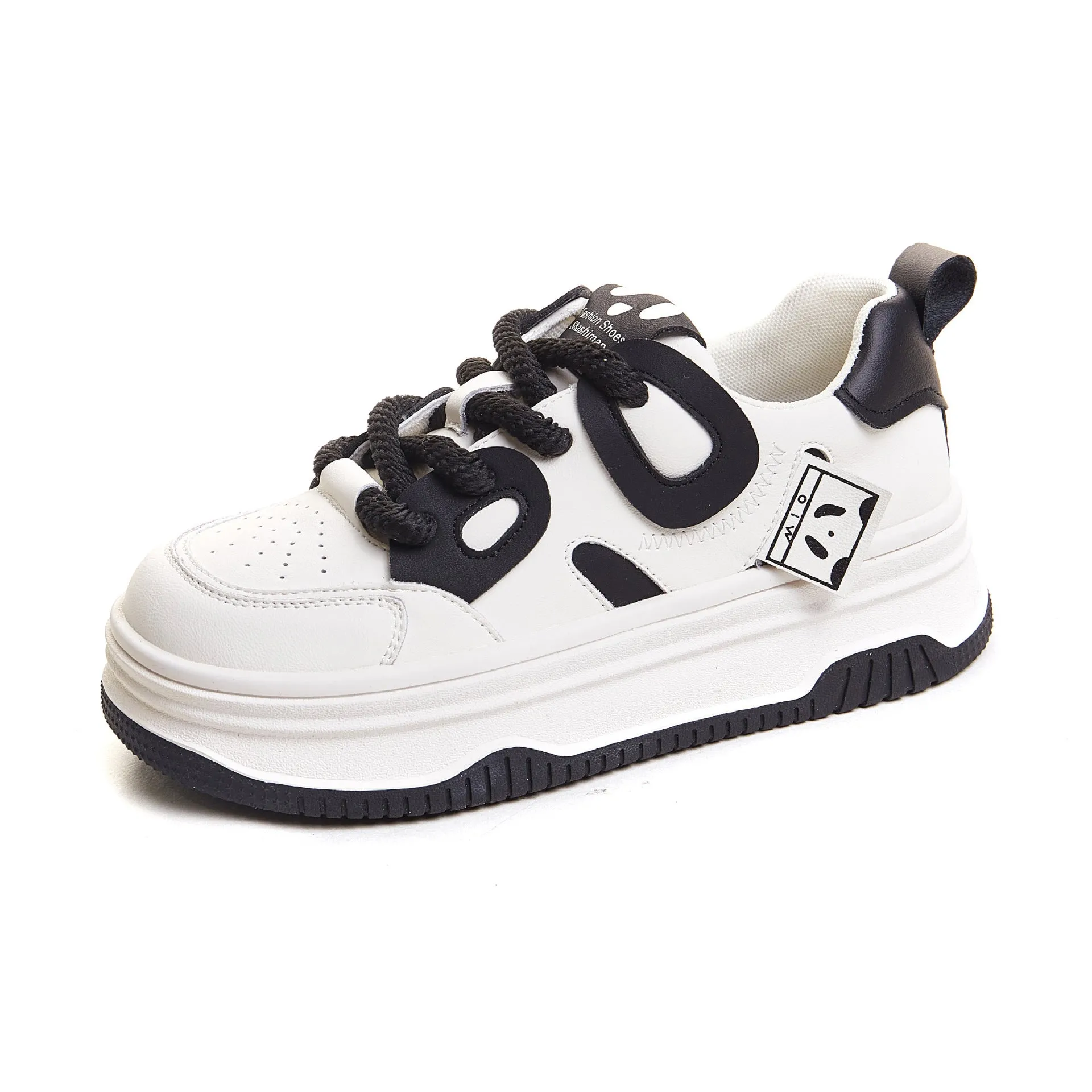 Womens Leather Cute Platform Panda Lace Up Sneakers